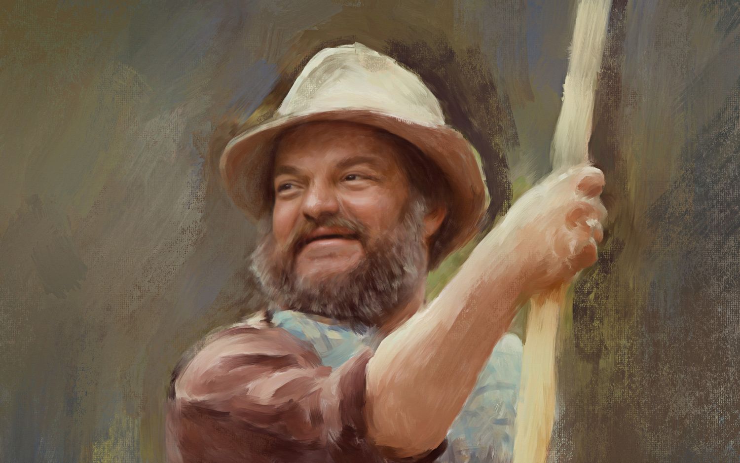 Close up of painting of Maine river guide Gardner Defoe.