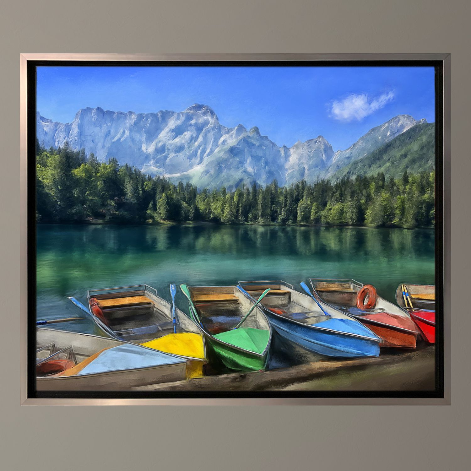 Scenic landscape painting of mountain lake with colorful boats in foreground. Created for a client from a travel snapshot.