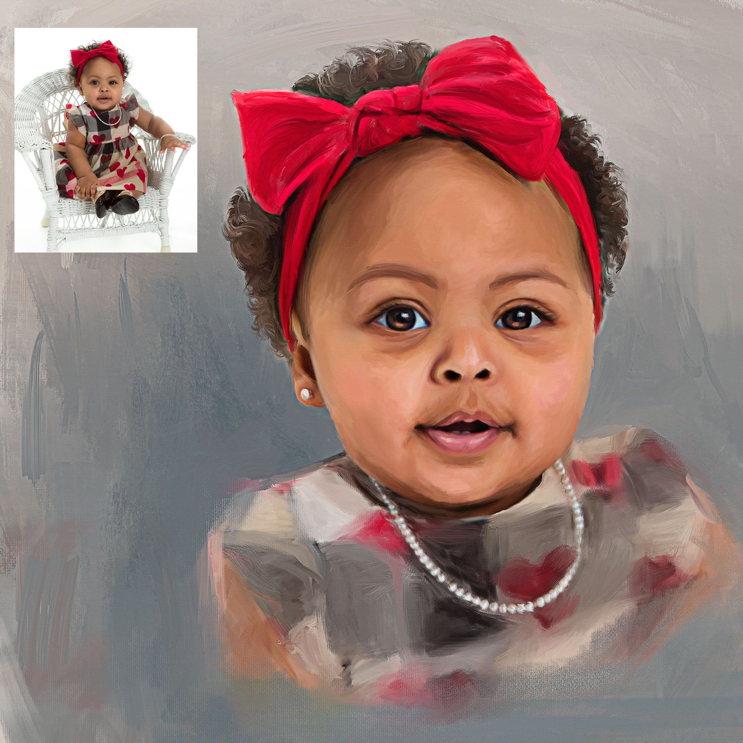 Portrait painting of a baby wearing a red bow headband and pearl necklace. Shown next to the source photo.