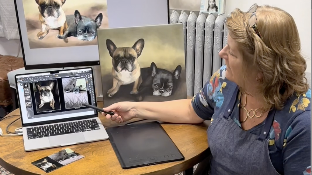 Artist Bobbie Bush discussing how she creates pet portraits from source photos to concepts to the electronic underpainting to the canvas.