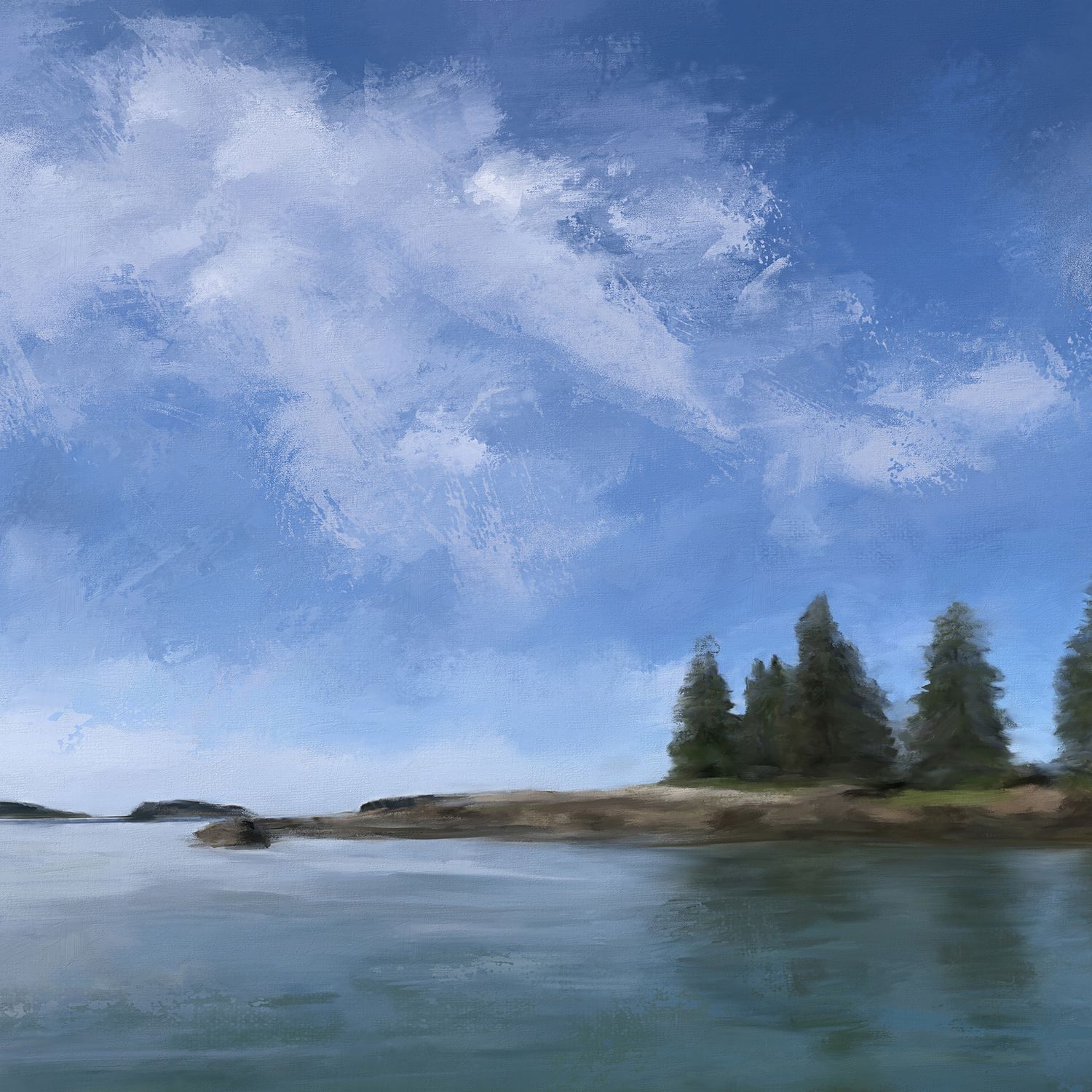 A landscape painting by Bobbie Bush of a panoramic view of evergreen trees along a rocky coastline under a blue sky.