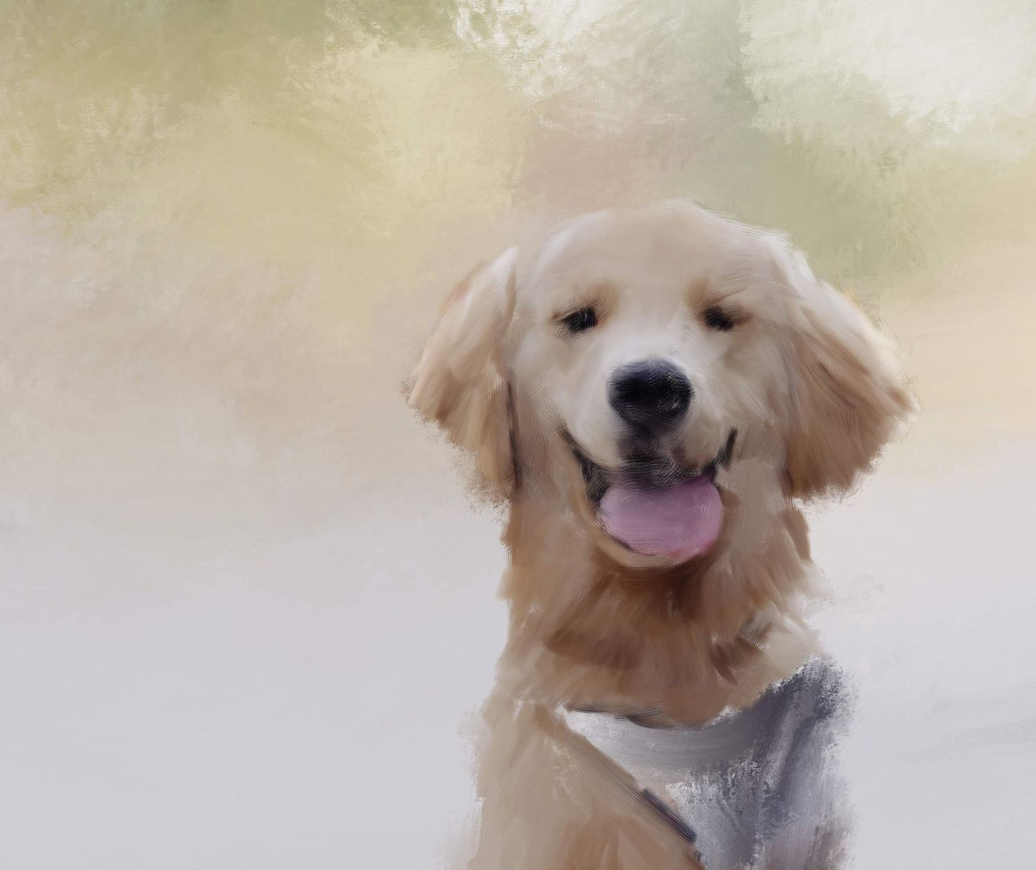 A work in progress of a golden retriever dog painting.
