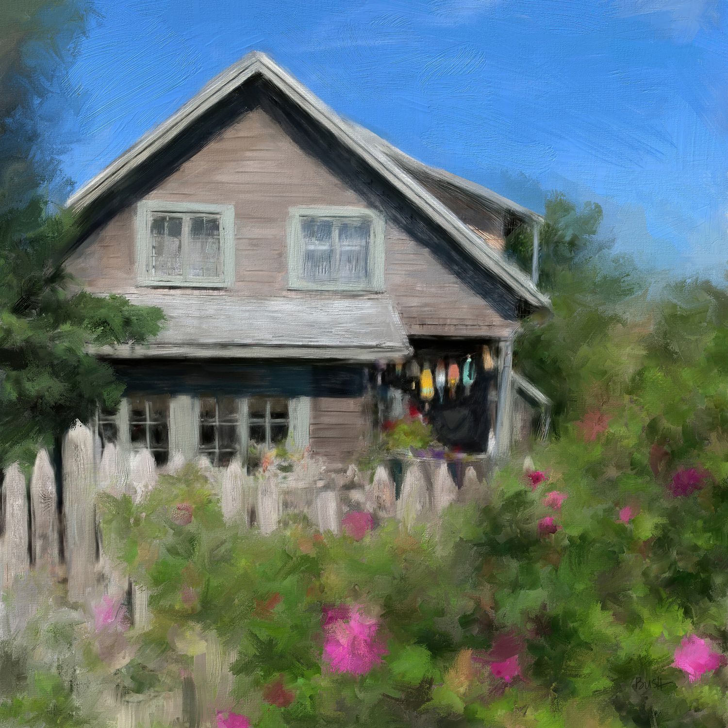 Rustic weathered cottage on Monhegan Island with pink wild roses blooming in overgrown garden. Landscape painting by Bobbie Bush.