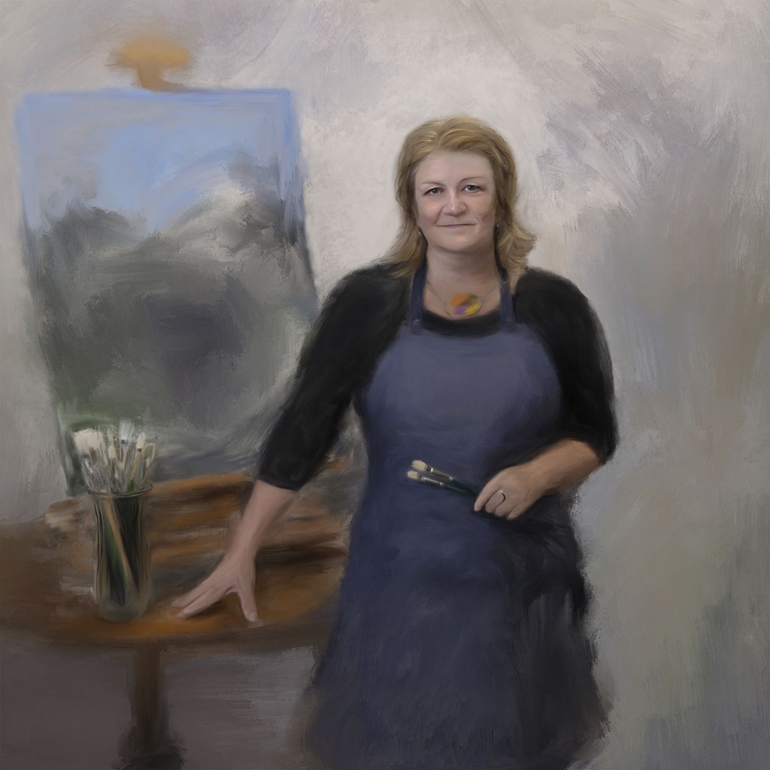 Self portrait painting of artist Bobbie Bush, standing in her studio next to an easel of a work in progress.