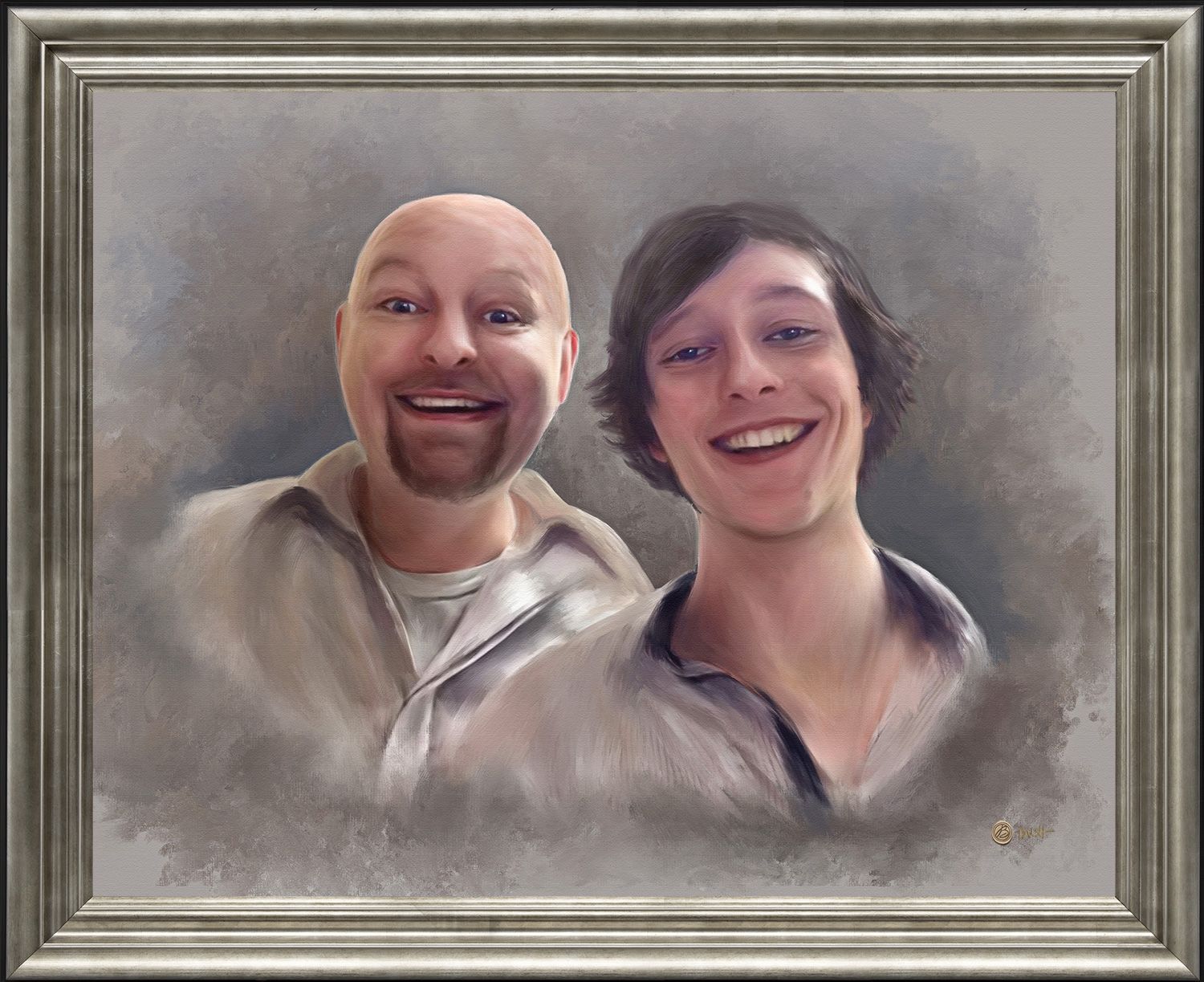 Memorial portrait painting commission of a father and son, together and smiling.