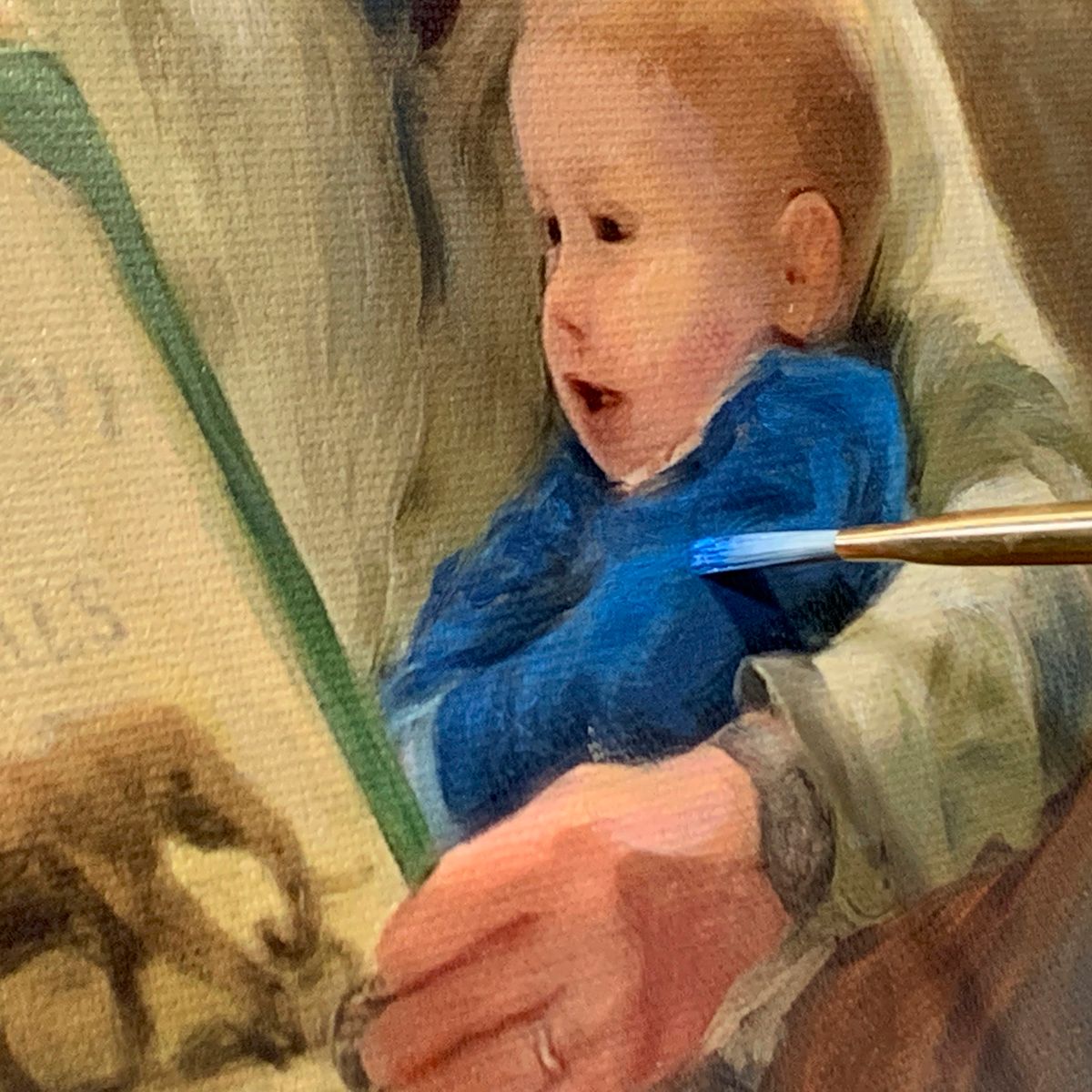 Detail of an oil painting showing expressive brushwork in blue and beige tones.