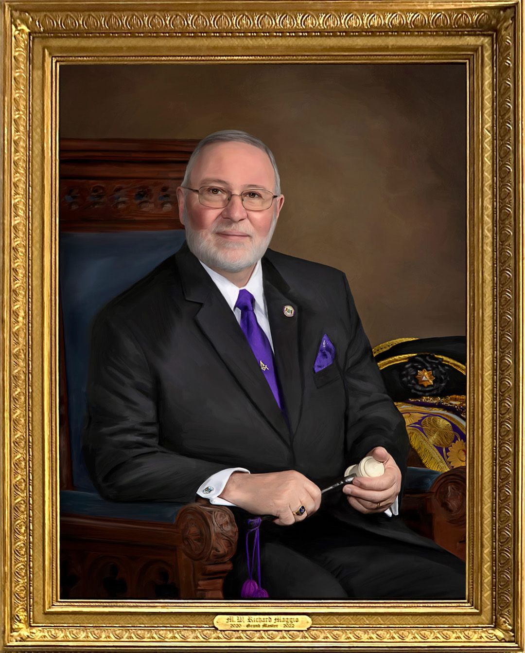 Official portrait painting of Grand Master Maggio's by Bobbie Bush in an ornate gold frame. Located at the Grand Lodge in Boston.