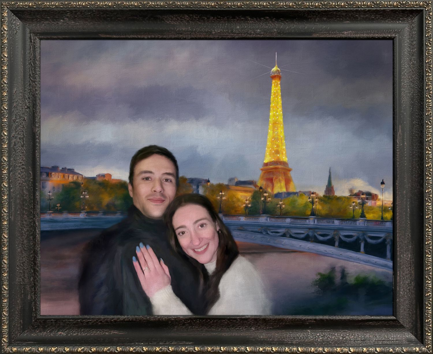 A romantic portrait painting of a couple in front of the illuminated Eiffel Tower at night in Paris on the day of their engagement.