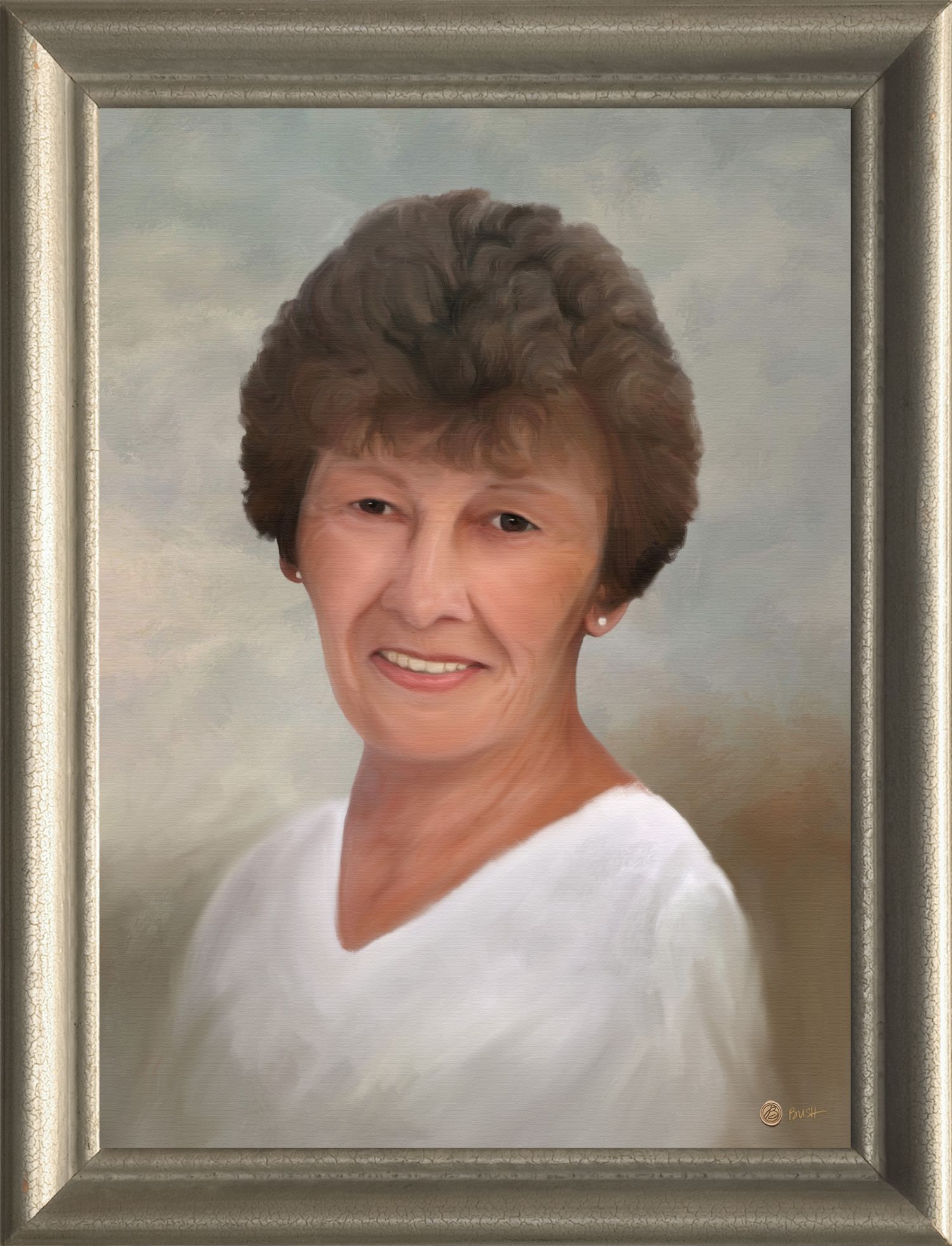 Framed memorial portrait painting of a beloved mother.