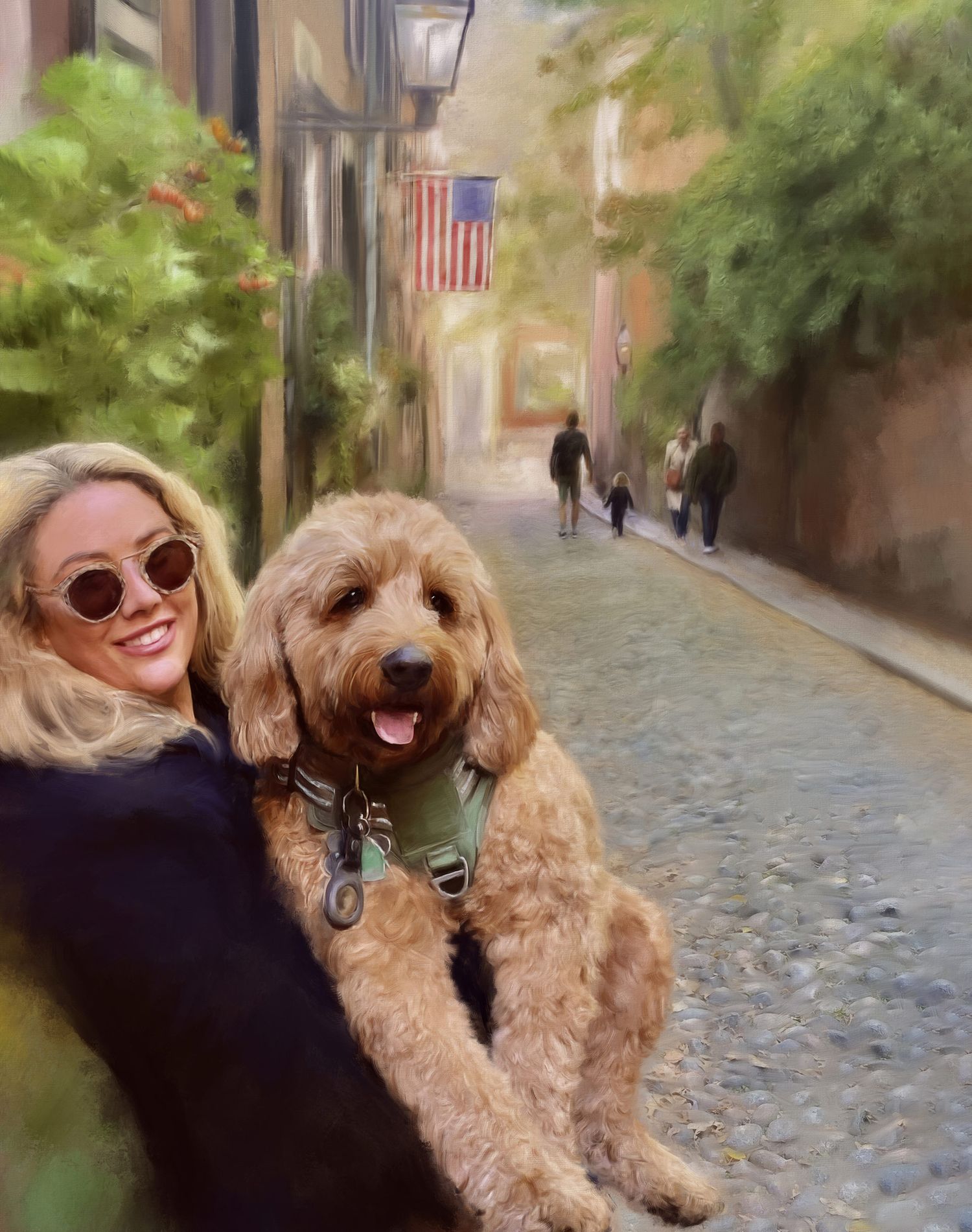 A painted portrait of a beloved Goldendoodle dog Aspen and her owner in Boston. Winner of Bark The Vote for Dog Mayor of Seaport Boston.