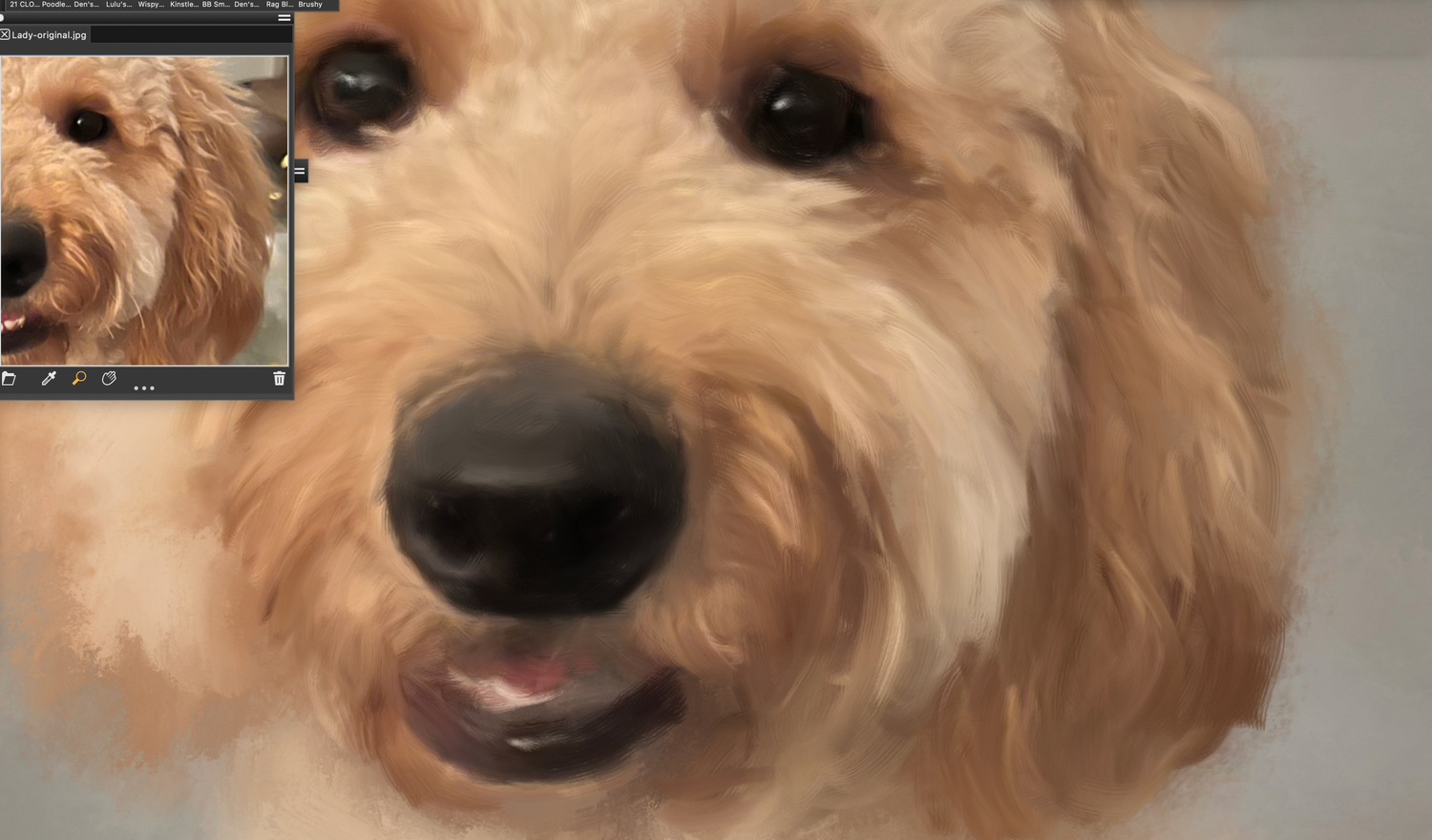 A work in progress of golden doodle dog painted pet portrait.