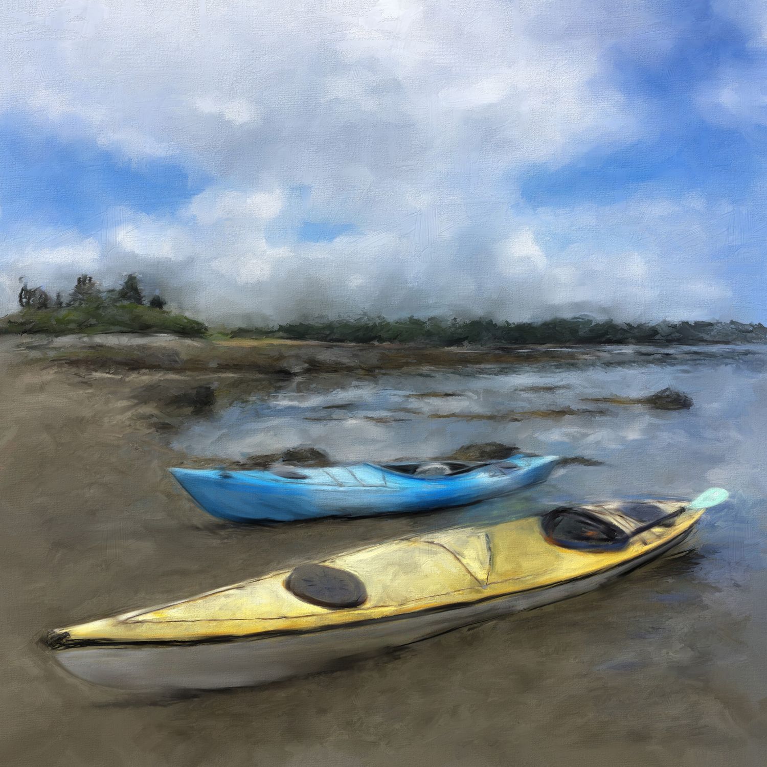 Landscape painting by Bobbie Bush with blue and yellow sea kayaks rest on a sandy beach with billowy clouds in the background.