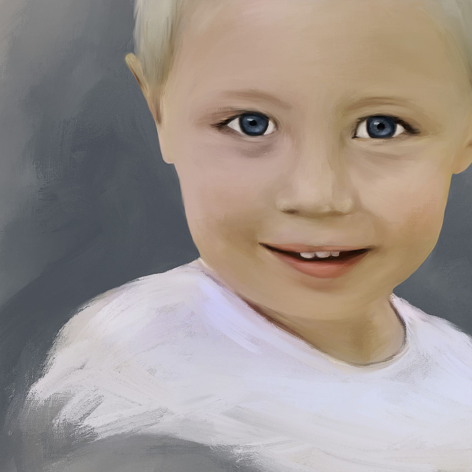 Detail of a portrait painting of a young boy with soft brushstrokes on a gray background.