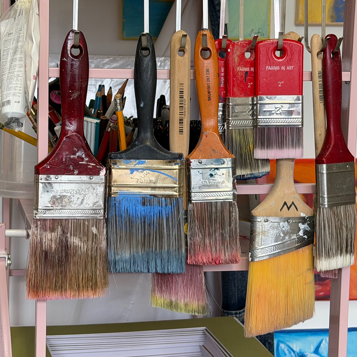 Gallows Hill Artists studio interior, with paint brushes in an artists studio. In Salem MA.