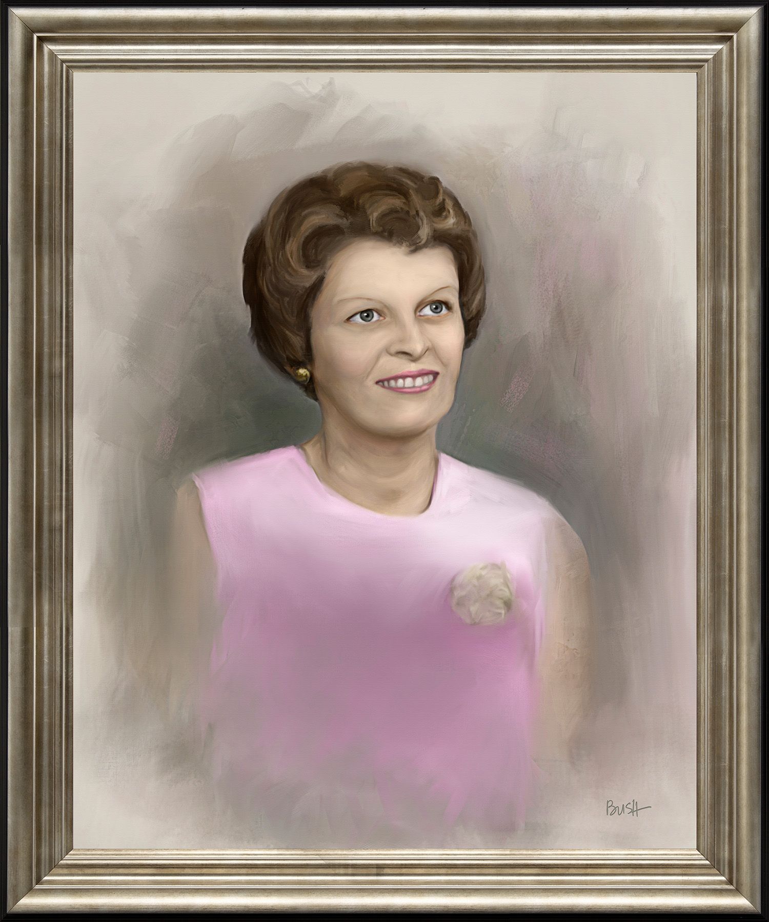 Framed memorial portrait painting of Margery, the mother of artist Bobbie Bush.