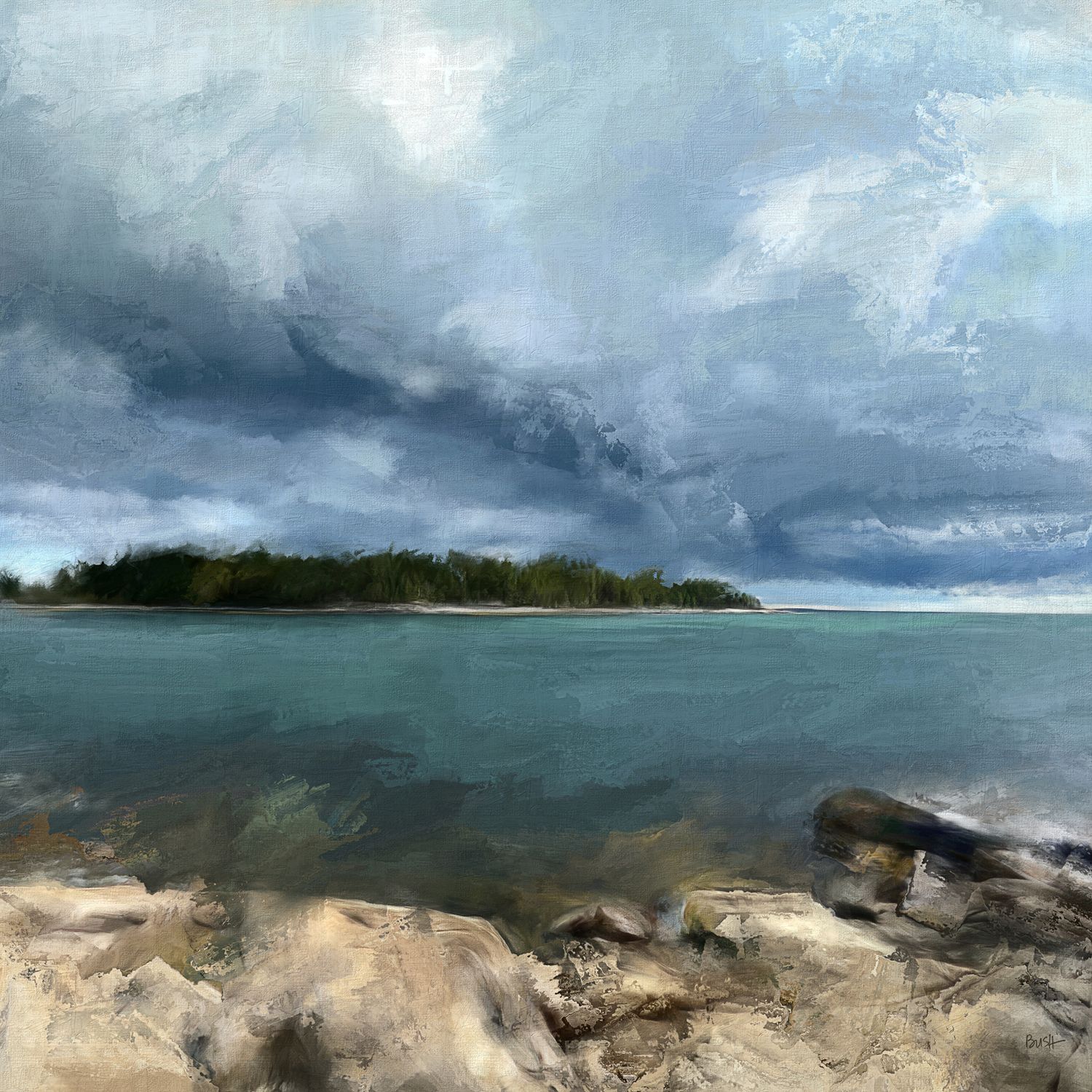 Dramatic storm clouds gather over coastal island and turquoise waters. Landscape painting by Bobbie Bush.
