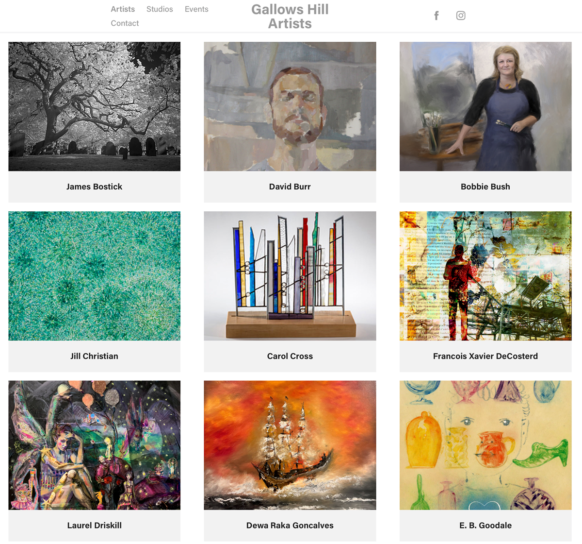 Screenshot of the Gallows HIll Artists website, which features 28 artists in Salem MA.