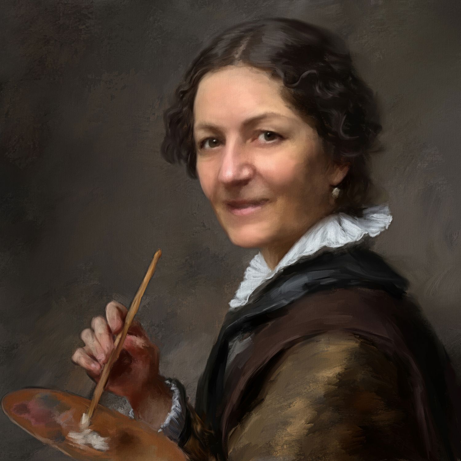 Antique self-portrait showing an artist holding a palette and brush.