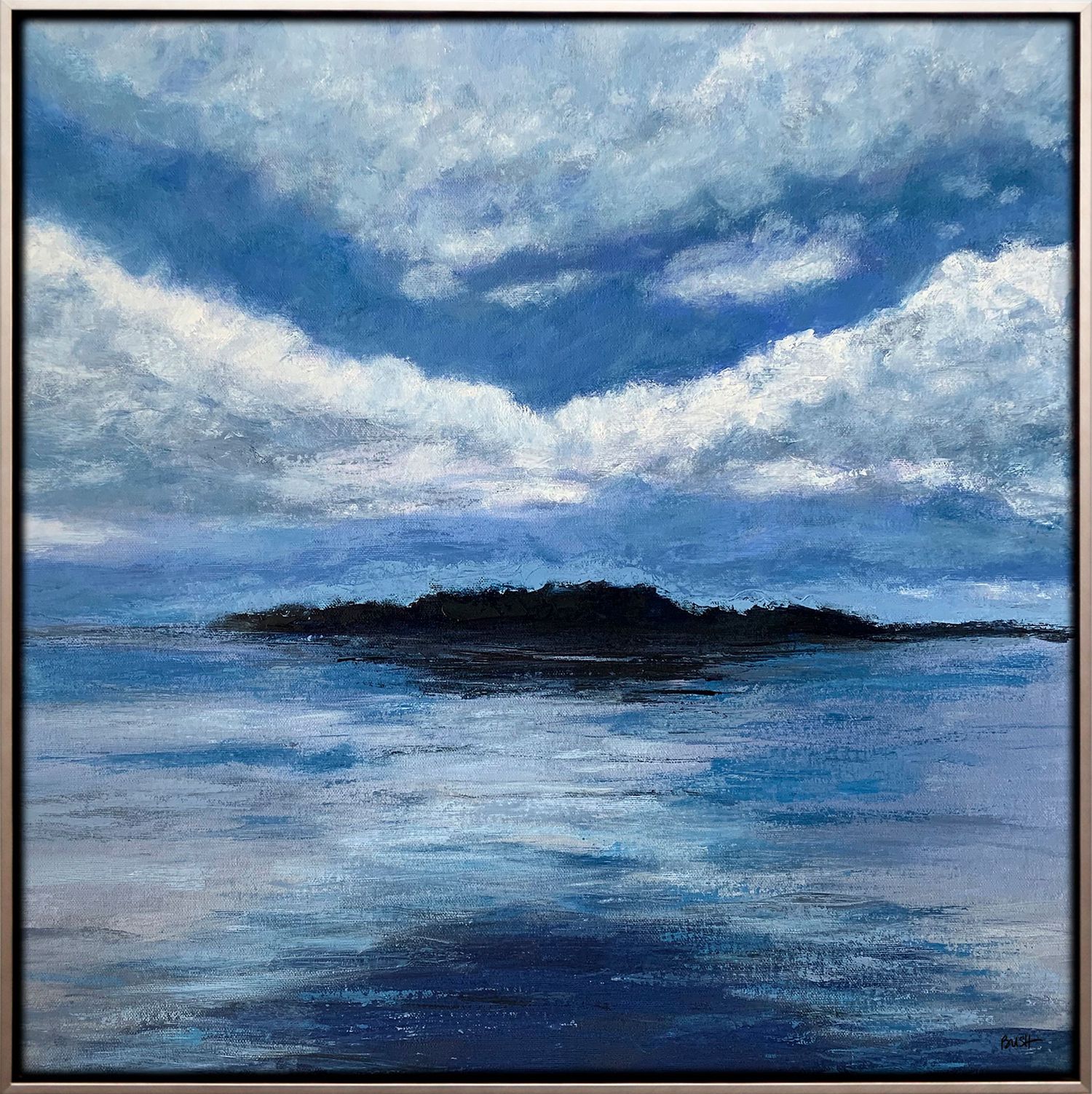 Framed painting by Bobbie Bush depicting ocean landscape with dramatic clouds and distant island.