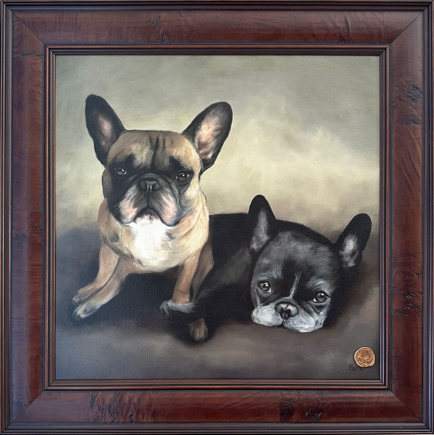 Finished framed pet portrait commission of two Frenchies by Boston Portrait Artist Bobbie Bush