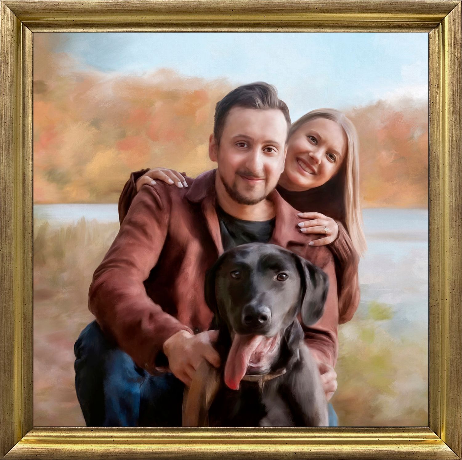 A framed portrait painting commission of a soon-to-be-wed couple with their black Labrador dog in an autumn setting.