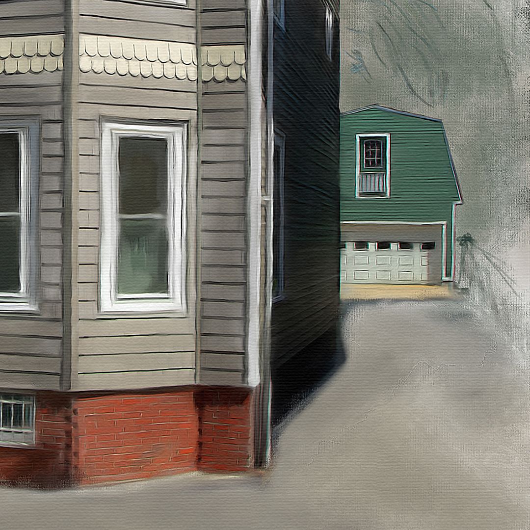 Detailed view of house portrait painting.  A beige clapboard house with white trim and red brick foundation,