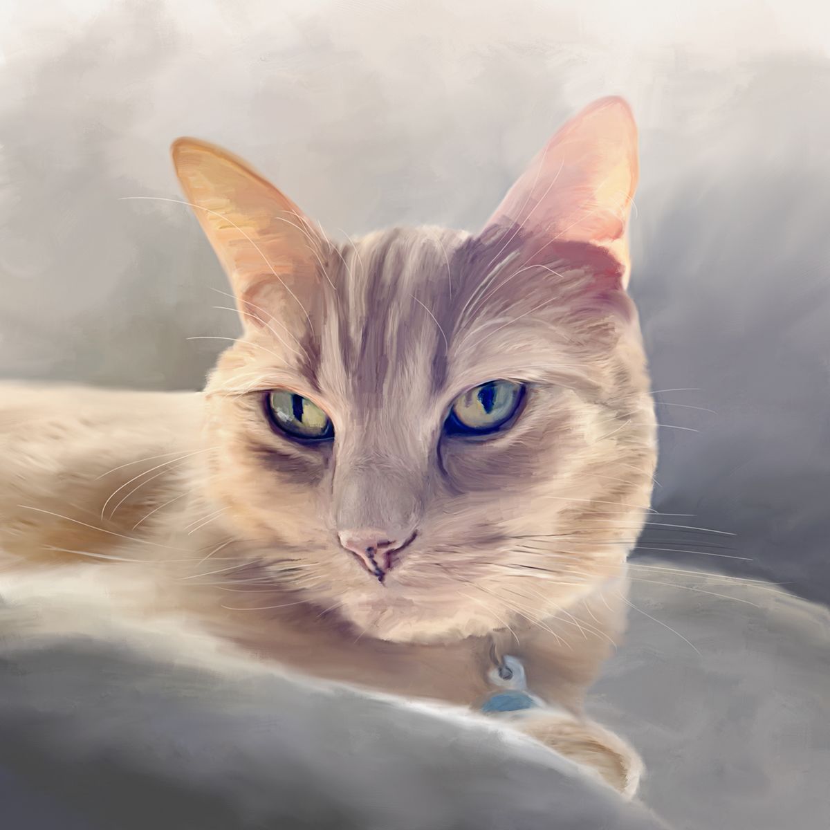 A painted pet portrait commission of a cream colored tabby cat with striking eyes.