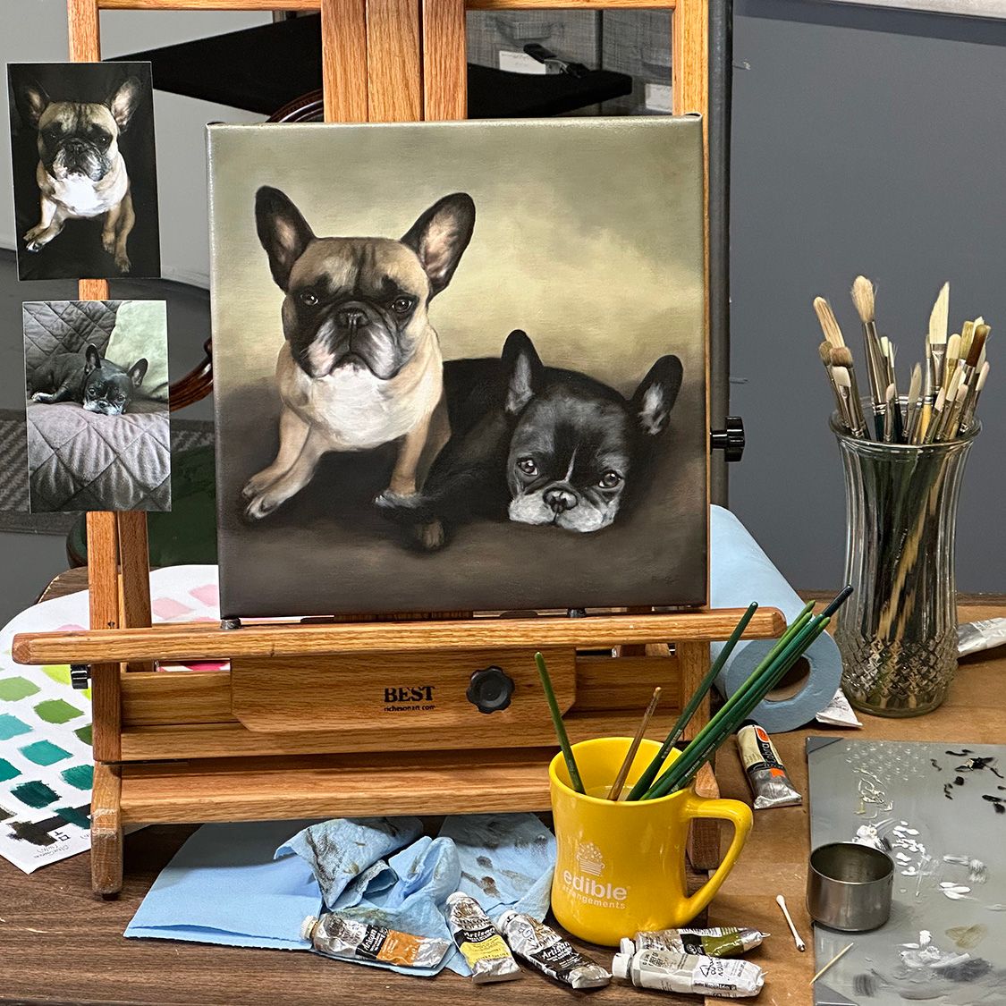 Pet portrait commission of two French Bulldogs on the easel, work in progress by Artist Bobbie Bush