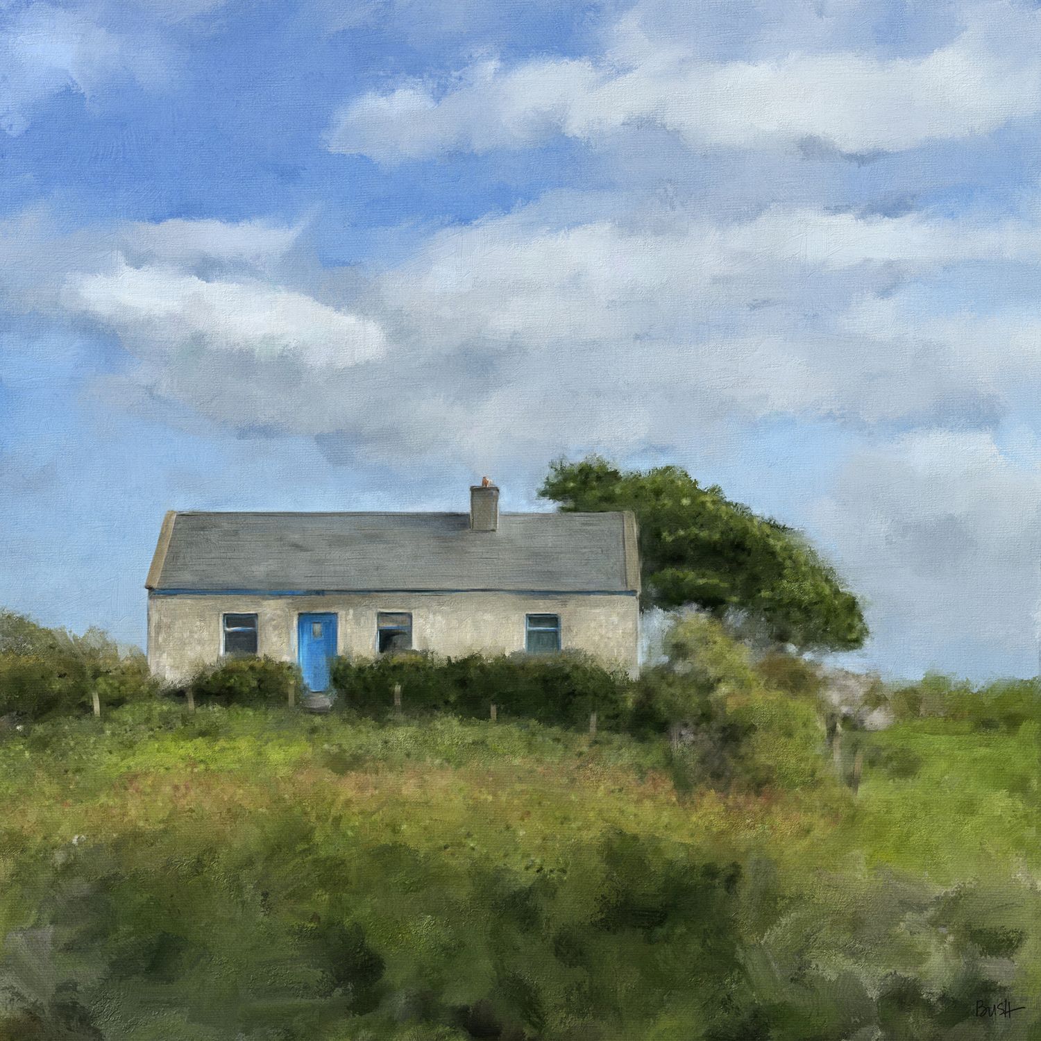 Rustic stone cottage in County Galway Ireland with blue door sits atop grassy knoll against cloudy sky. Landscape painting by Bobbie Bush.