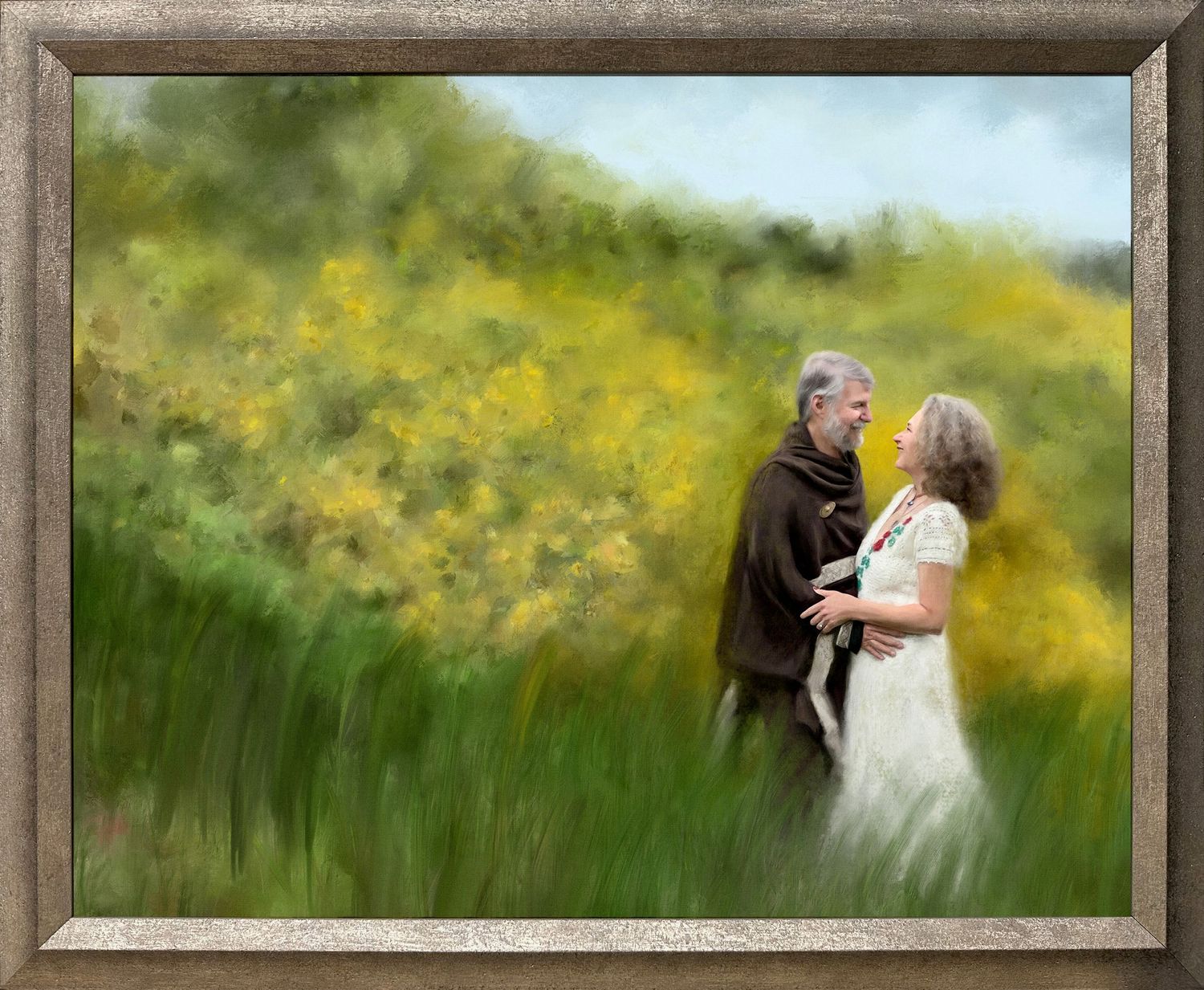 A painted portrait of a couple on their wedding day,  in a field of yellow wildflowers.