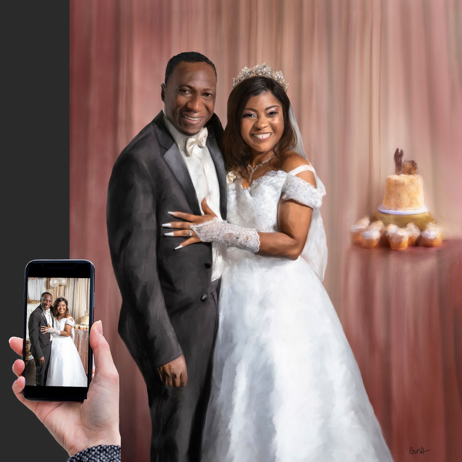 Before and after of a special portrait painting of a wedding couple, created from a simple snapshot.