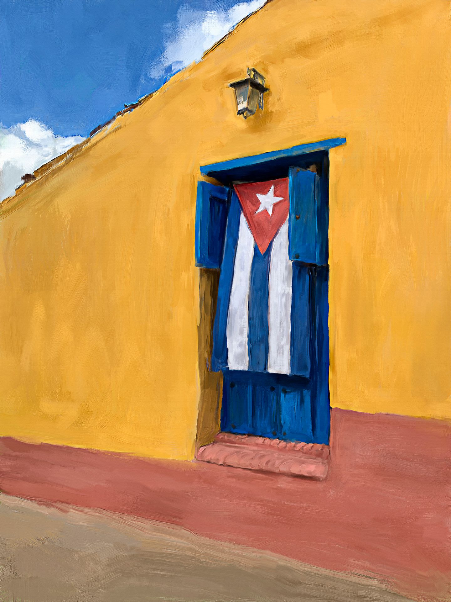 Personal painting by Bobbie Bush from her Cuba travels. A painting of a brightly colored yellow wall, bright blue sky and Cuban flag.