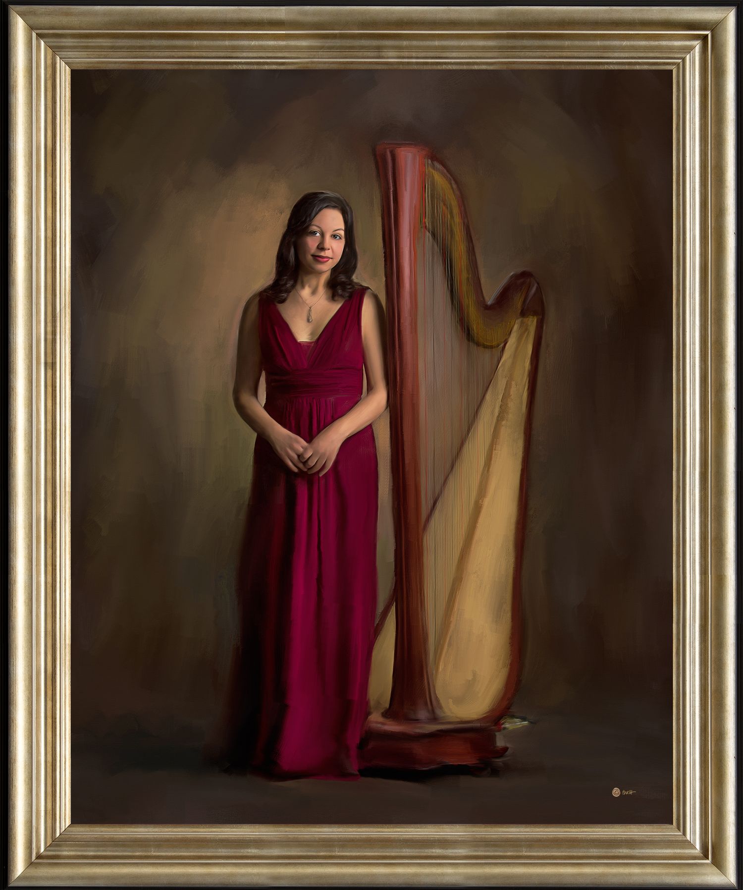 Elegant portrait painting of a harpist in burgundy dress next to a stunning harp.