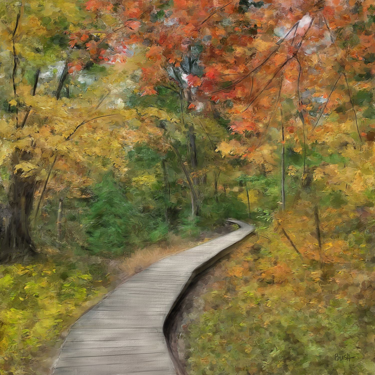 Rustic boardwalk winding through forest with vibrant fall foliage in Lynn Woods, MA. Landscape painting by Bobbie Bush.