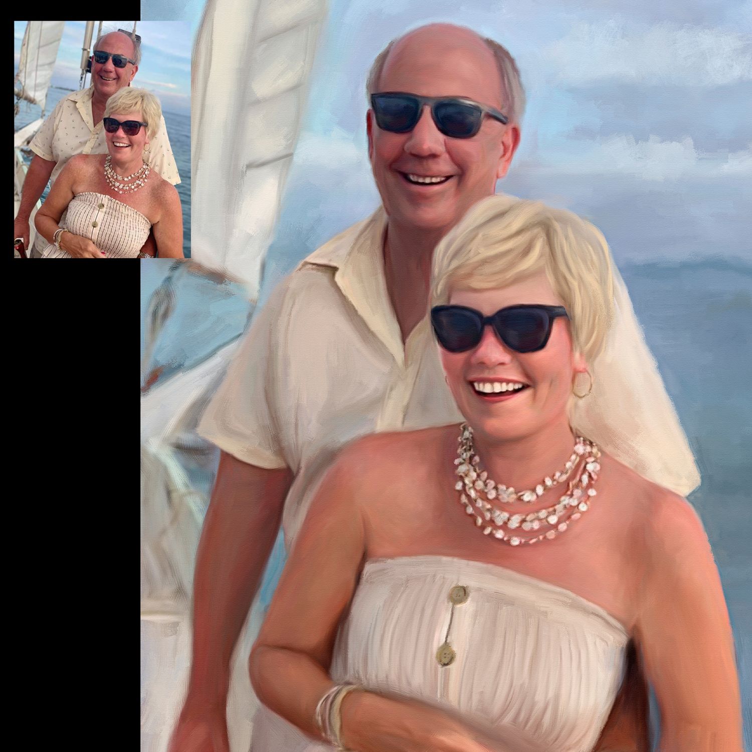 Painting commission of a husband and wife enjoying themselves while on vacation. Shown is the original snapshot source photo.