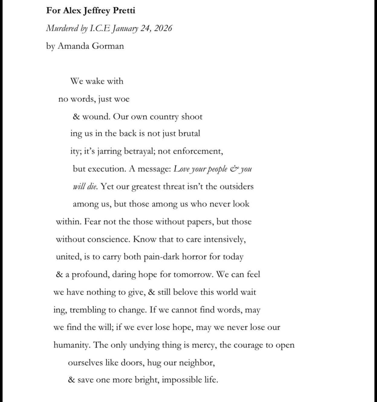Amanda Gorman's social media post featuring a poem For Alex Jeffrey Pretti.