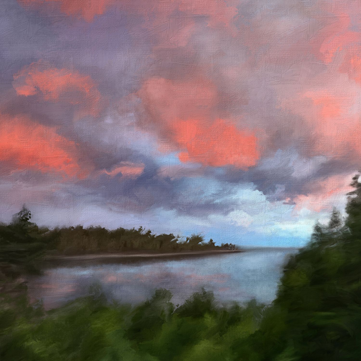 Pink and coral sunset clouds hover over dark treeline along Maine coastal waters. Landscape painting by Bobbie Bush