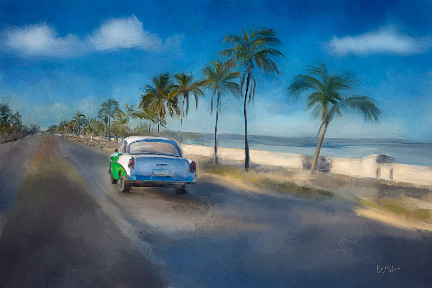 Cuban waterfront landscape with palm trees and ocean waves under bright blue skies.