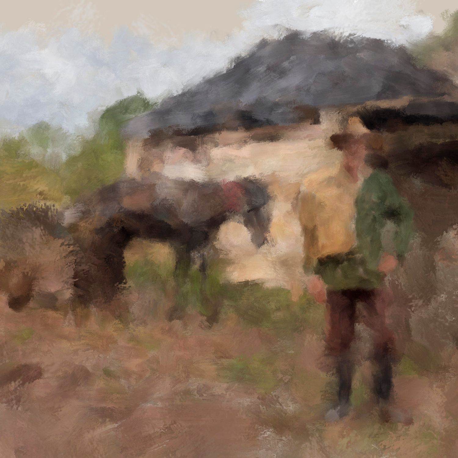 Work in progress of a landscape painting by Bobbie Bush that captures rural scene with horse cart and farmer next to a rustic shed.