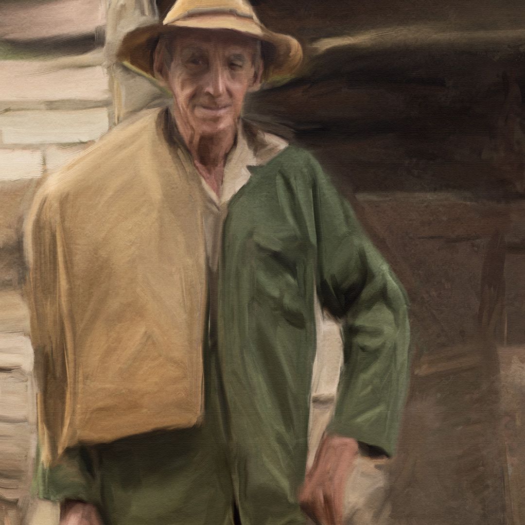 Detail of a painting, showing a close up of a Cuban farmer.  A personal painted work by Bobbie Bush, from Cuba.