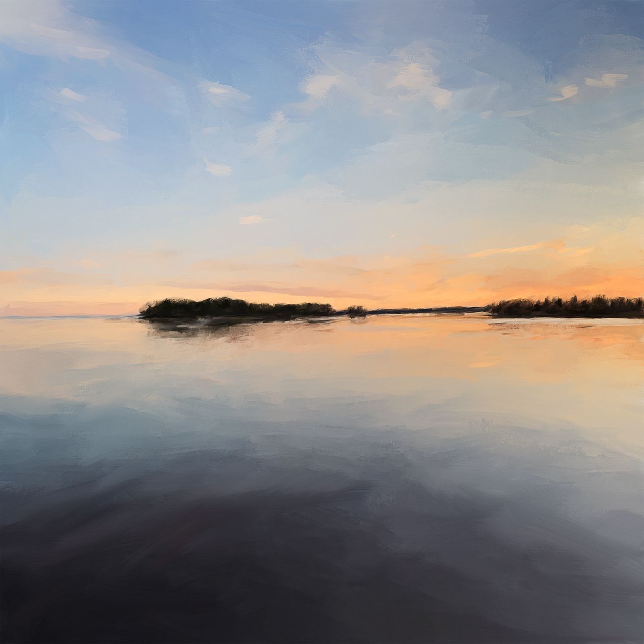 Landscape painting by Bobbie Bush of a sunset over calm water with silhouetted shoreline in Maine.