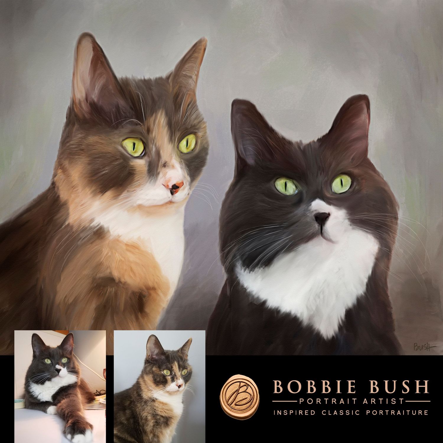 Before and after of a painted portrait of a pair of cats. Created from two combined source photos.