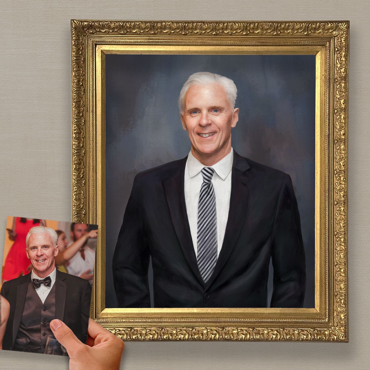 Before and after of a memorial painting of a beloved father and husband.