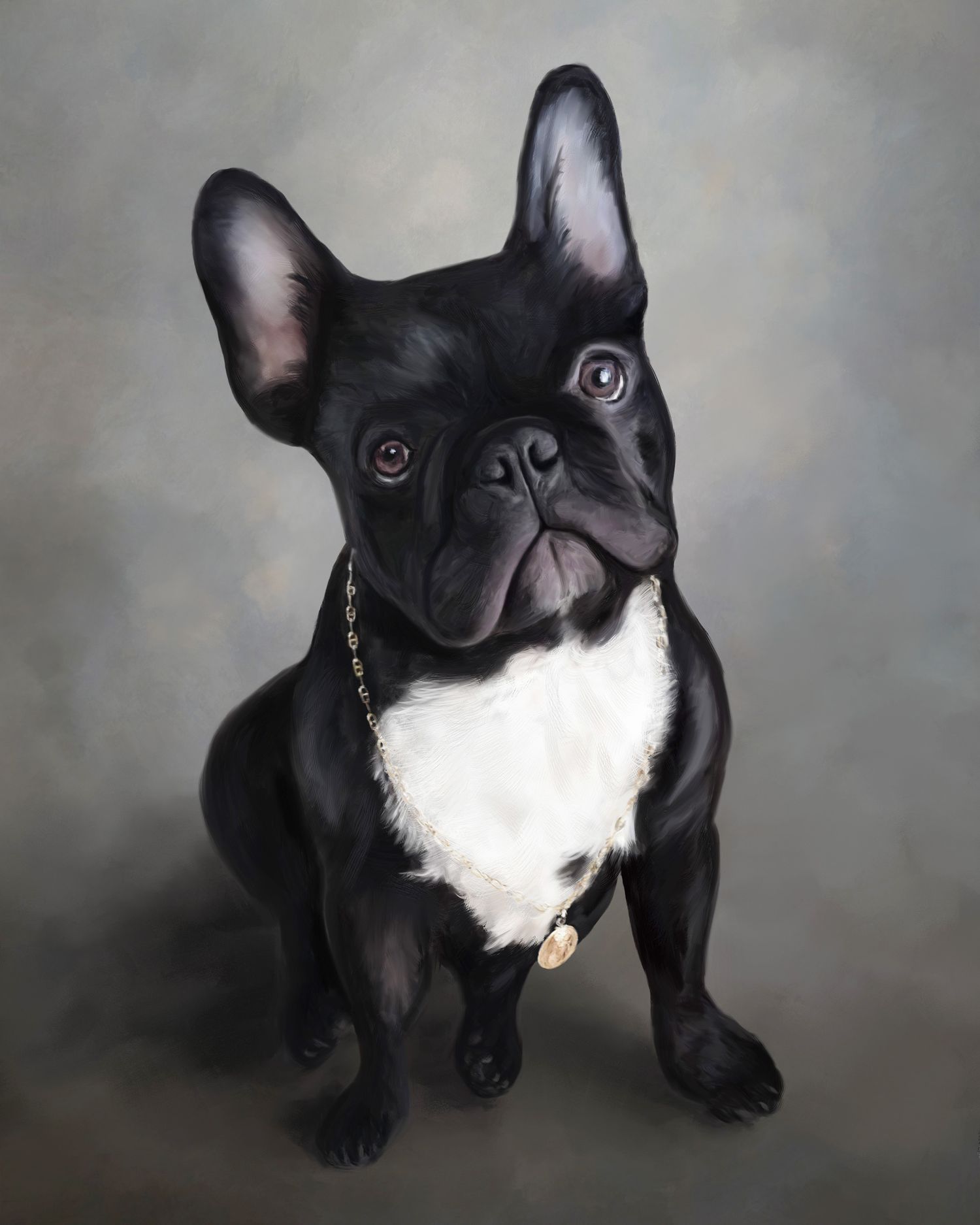 A portrait painting of a black French Bulldog with a white chest sits against a painterly grey backdrop.