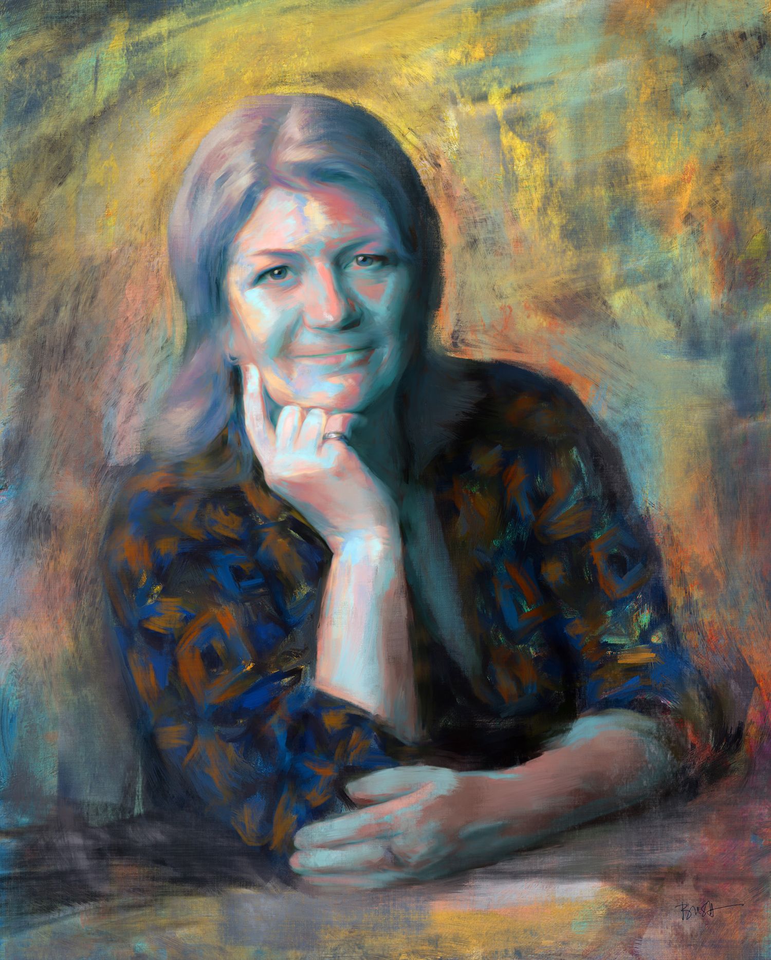 Impressionist portrait with vibrant yellow and blue tones showing contemplative pose.