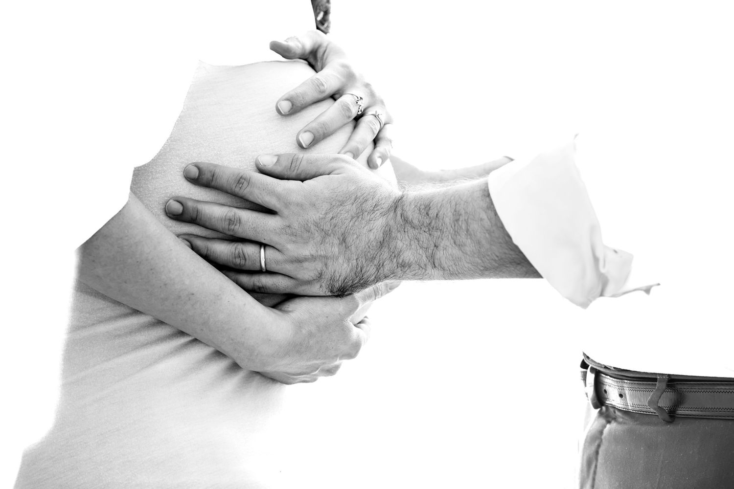 Close-up hands demonstrating massage therapy techniques on different body parts.