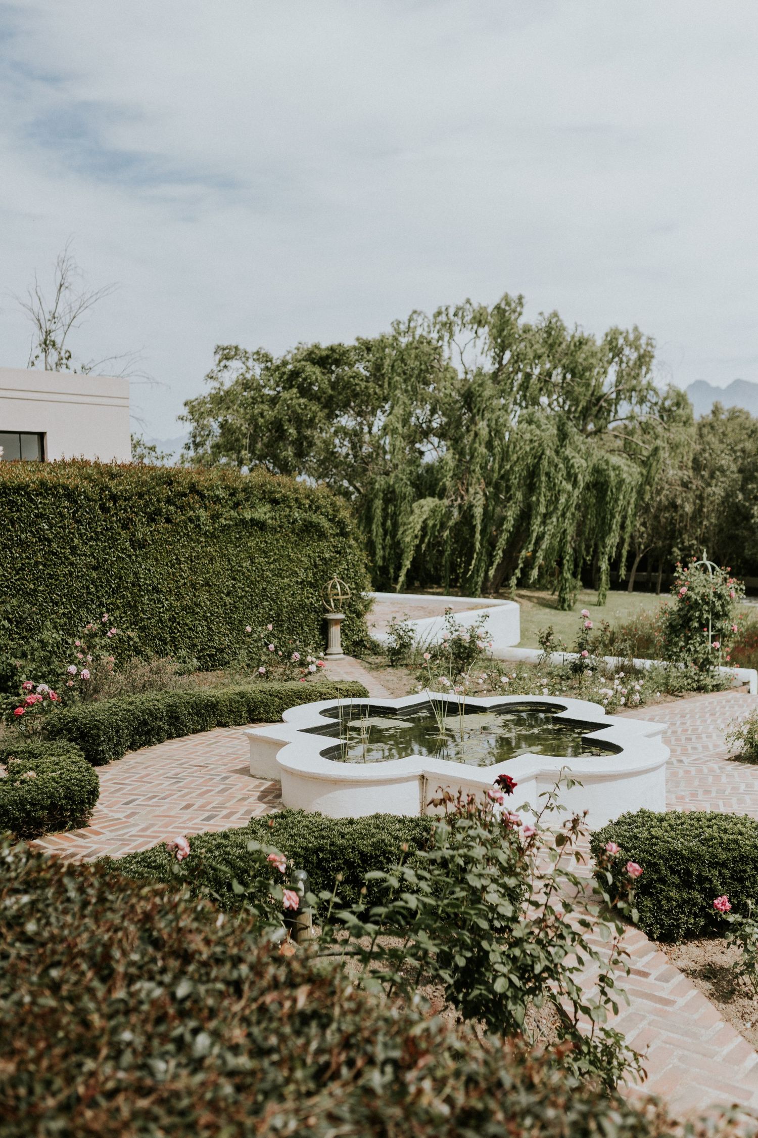 Beautiful formal garden with a star-shaped fountain, trimmed hedges, roses, and weeping willow trees.
