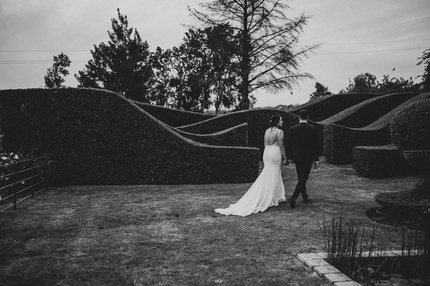 Black and white photo of bride and groom walking through sculpted hedge garden on their wedding day.
