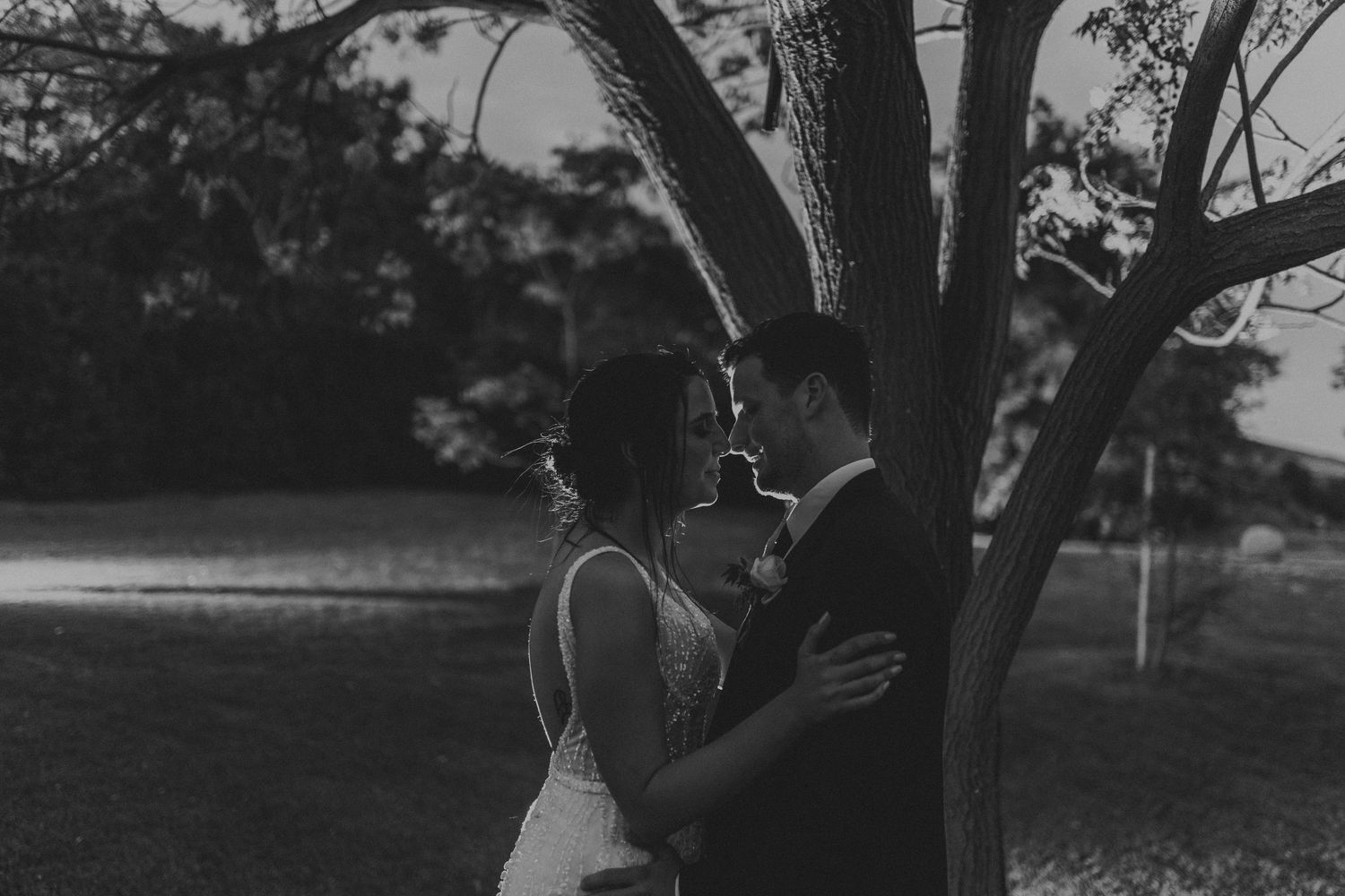 Black and white romantic couple embracing near a tree at dusk outdoors.