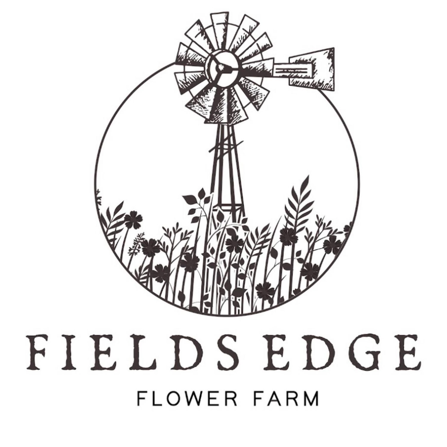 A logo design featuring a windmill silhouette surrounded by wildflowers with text reading Fields Edge Flower Farm.
